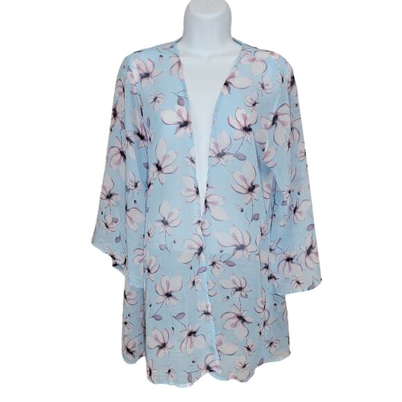 Women's Floral Flare Sleeve Semi‎ Sheer Kimono Tunic Cardigan Top Blue OS/Small - Picture 1 of 6